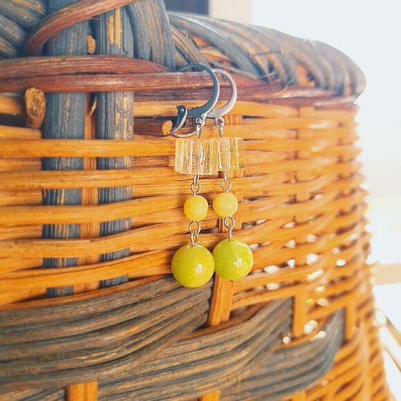 Lime Green Jade Stone Earrings, Geometric Boho Earrings, Y2K Retro Earrings - Picture 7 of 8